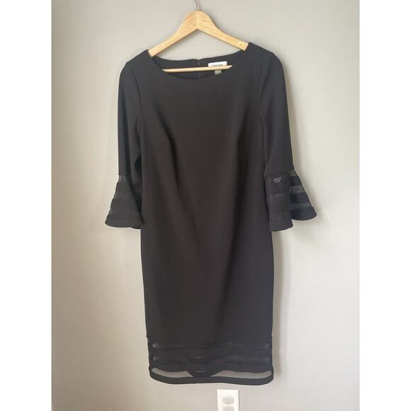 CALVIN KLEIN BELL SLEEVES SHEATH DRESS W/ MESH‎ INSERTS, BLACK , Women’s SIZE 8 - Picture 1 of 8